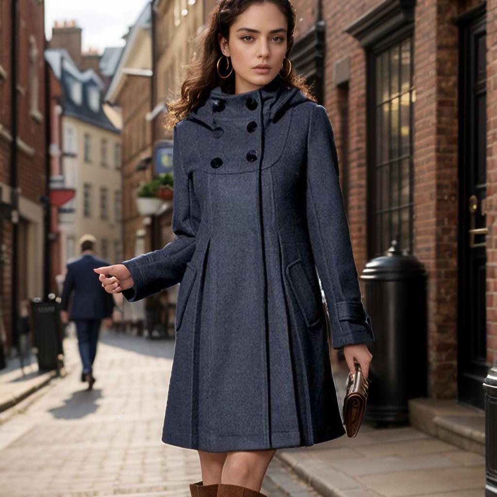 European Size Women's Mid-Length Wool Hooded Double-Breasted Cape Coat