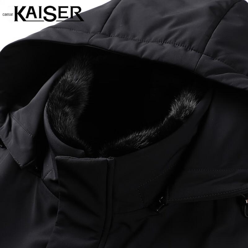 Caesar Men's Hooded Mid-Length Down Jacket with Mink Collar & Rabbit Fur Lining