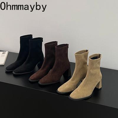 Vintage Thick Heel Square Toe Women Ankle Boots Ladies Elegant Mordern Short Botas Autumn Winter  De Mujer