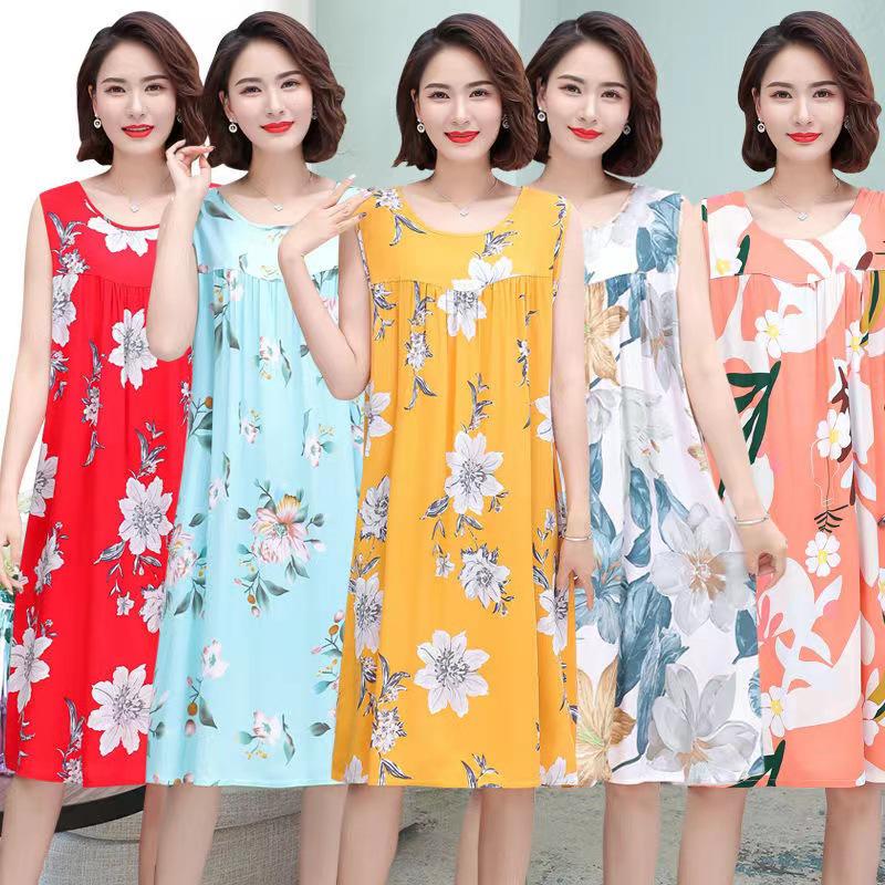 Plus Size Sleeveless Cotton Rayon Dress for Middle-Aged Women