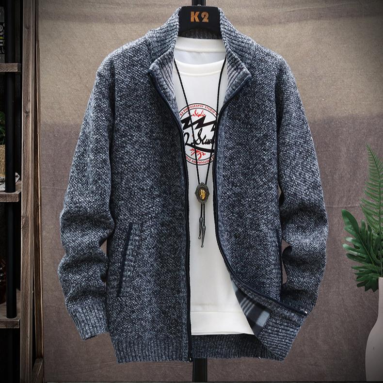 Knitted Cardigan Solid Color Sweater Men Zipper Autumn Long-sleeved Jacket Warm Fleece Cardigans Jacket