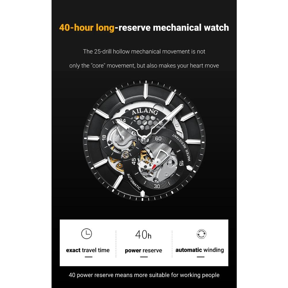 AILANG Men Automatic Mechanical Wristwatch Hollow Skeleton Dial Stainless Steel Band Business Sport Male Watch
