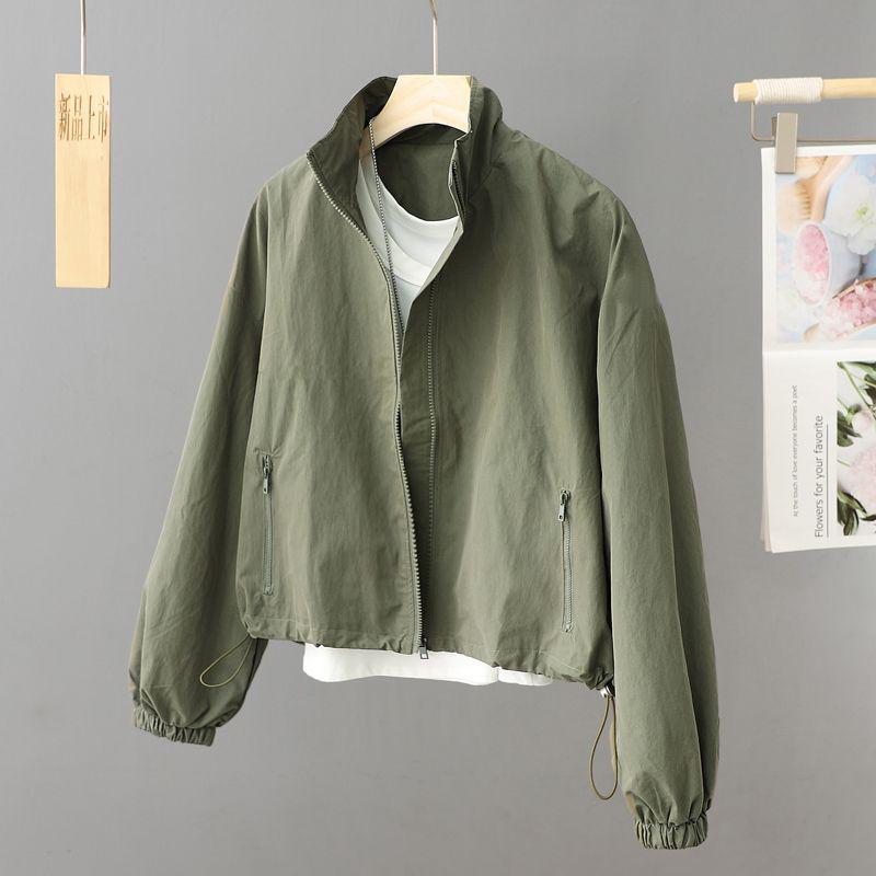 Women's High Collar Spring & Autumn Windbreaker: Lightweight, Solid Color, Short Cardigan - Fashionable Belly-Covering Jacket for 2025.