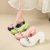 Transparent High Heels Cool Slippers Women's 2025 Outer Wear Crystal Thick Heel French Temperament One-word Women's Slippers