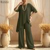 ZANZEA Womens Casual Two Piece Outfit Solid Color Asymmetric Tunic Tops and Wide Leg Pants Sets Loungewear Suits