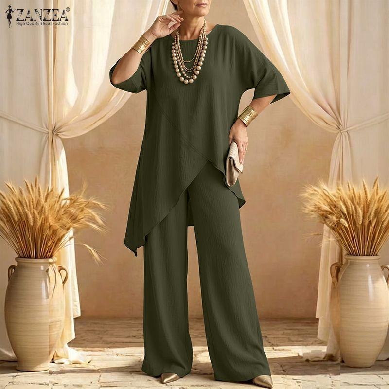ZANZEA Womens Casual Two Piece Outfit Solid Color Asymmetric Tunic Tops and Wide Leg Pants Sets Loungewear Suits