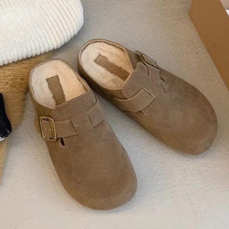 

Fleece Shoes for Women, New Versatile Flat Shoes, Lazy People, Half-length Flip-flops, and Fluffy Slippers on Top 35 хаки