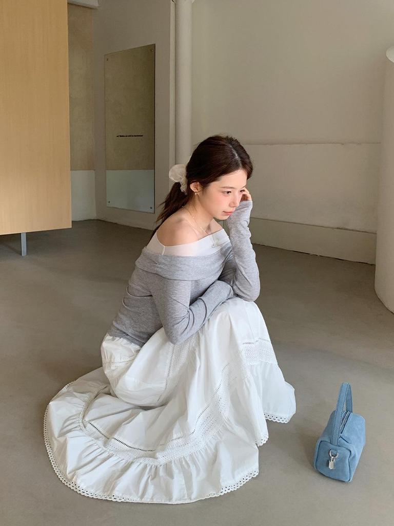 Women's High-Waisted White Cotton A-Line Skirt, Spring 2026 Korean Style, Casual Versatile Tiered Design