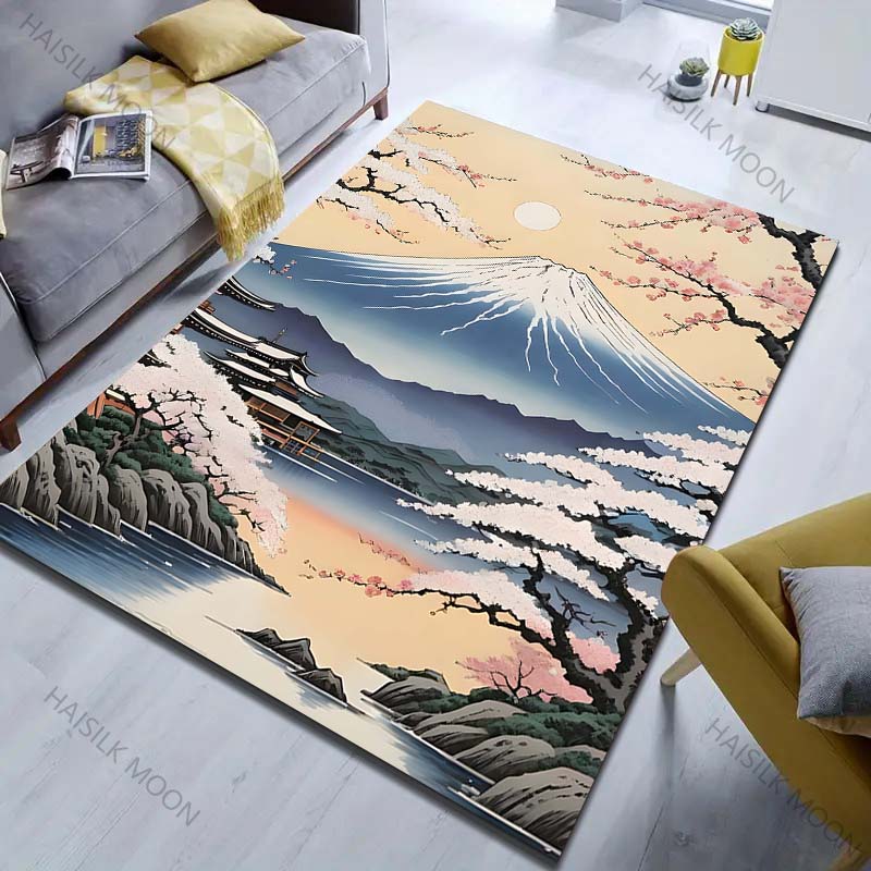 Mount Fuji Sakura Japanese Lake Scene Print Rug Carpets for Bedroom Living Room Sofa Mat Creative Door Mat Cloakroom Home Decor