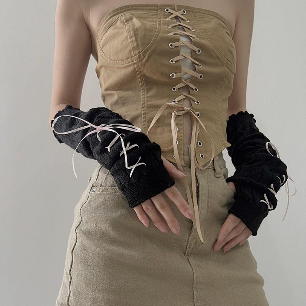 Gothic Bowknot Oversleeve Harajuku JK Lolita Arm Sleeves Anime Y2K Knitted Gloves  Girls