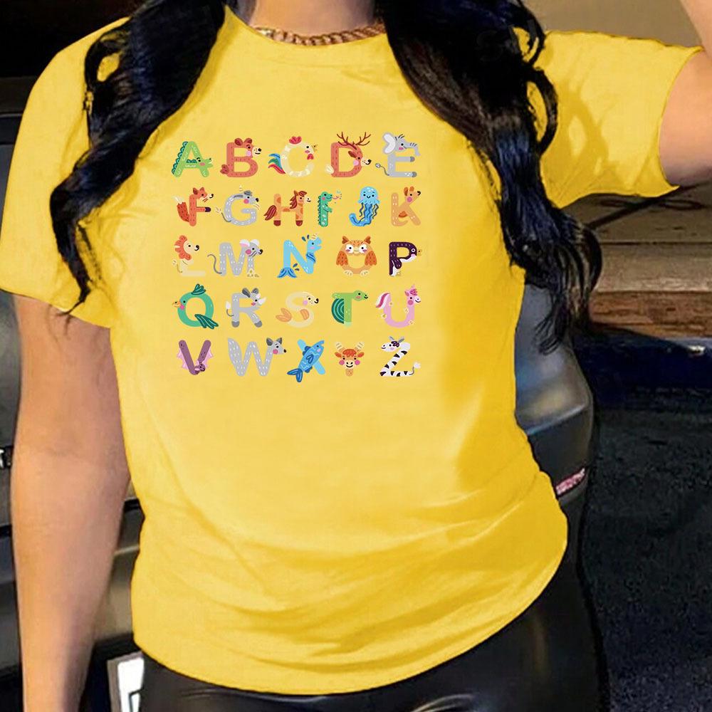 Cotton T-Shirt Short Sleeve Round Neck Women 2d Print Tops