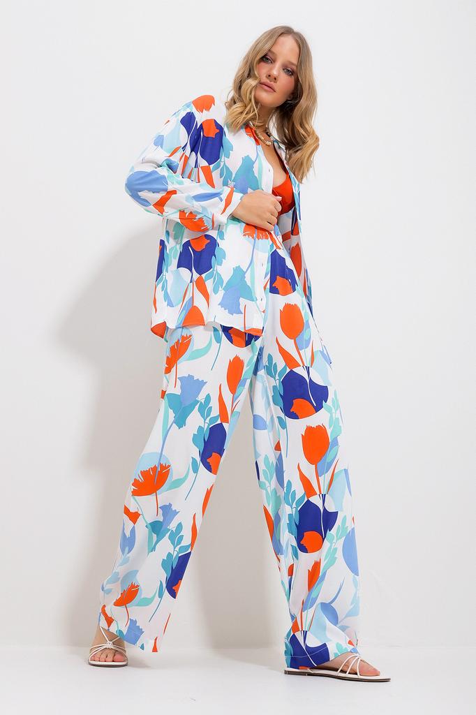 Women's Bottom-Top Set New Season Fashionable Green Patterned Shirt and Trousers Woven Bottom-Top Set