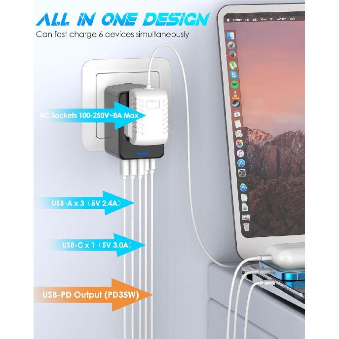Universal Travel Adapter 35W PD Fast Charging Offers 3X2.4A USB-A Ports, 2X USB-C Ports and Multi AC Outlet, International Plug Converter Worldwide