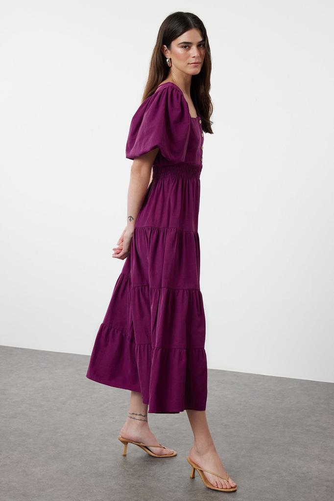 Women's Style Dress Pink Square Neck Maxi Woven Dress with Opening Waist and Back Detail