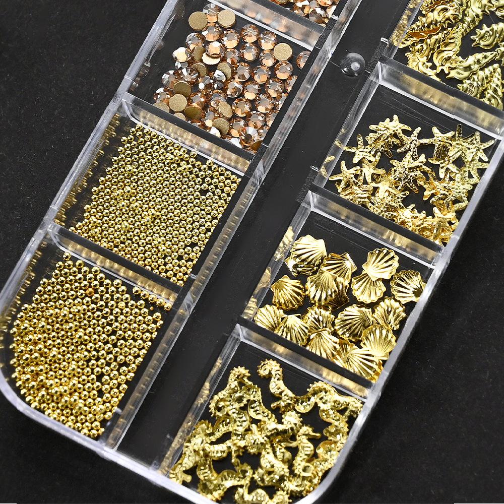 12 Grid 3D Beads Rhinestone Ocean-Inspired Nail Art Charms Alloy Shell Abalone Seahorse Starfish Conch Faux Pearl Beads For Diy Manicure Nail Supplies