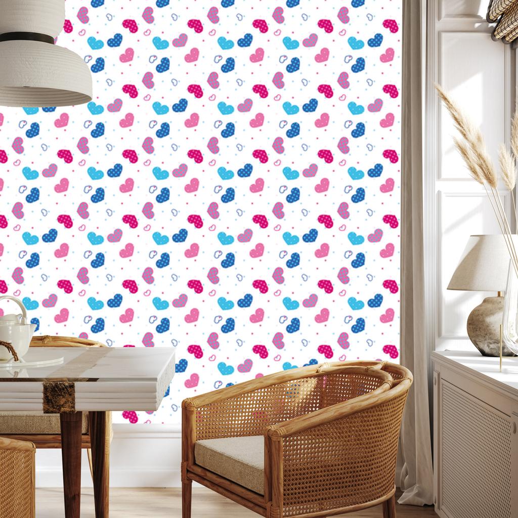 Wallpaper Blue, Pink and White Hearts for Living Room and Bedroom 50x1000
