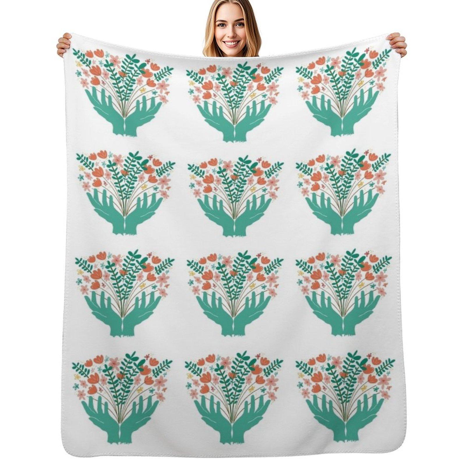 Teal Flower Power In Your Hands Throw Blanket Warm Cozy Throw Blanket for Living Room Couch Size: 75*100cm, Weight: 230 GSM
