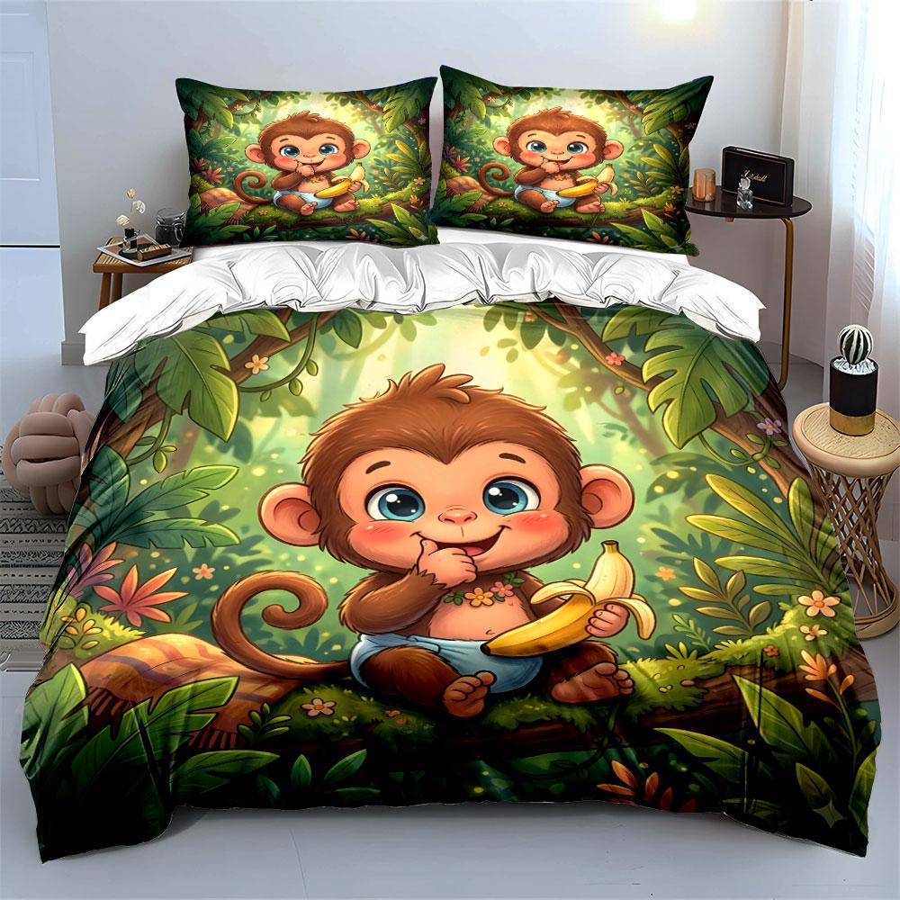 Süßer Affe im Wald Cartoon-Druck Bettwäsche-Set 1 Bettbezug 2 Kissenbezüge für Erwachsene und Kinder Luxuriöses Geschenk Vollgröße