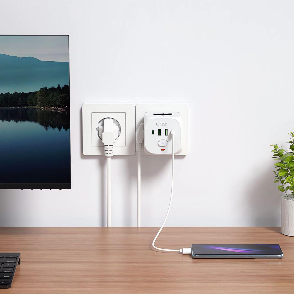 Listwa Kostka Zasilająca Rozdzielacz USB-A USB-C AC Typ Schuko - Biały