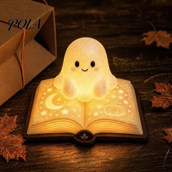 Safe Bedside Lamp for Kids Magic Book Ghost Night Light, Resin Tabletop Warm Glow with Moon Gift Lovers Star Relief, Cute Sleeping Light Bedroom,