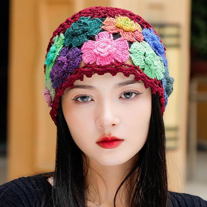 Cotton Crochet Brimless Hat With HollowOut Flower Design Summer Vacation Casual Skull Cap For Women Everyday Wear