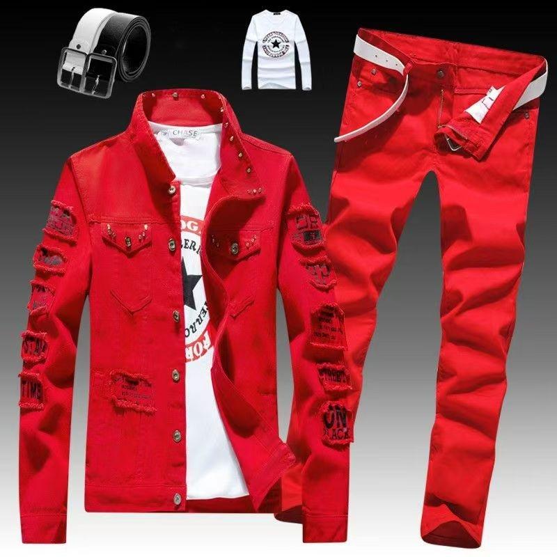 

Мужской джинсовый костюм слим фит из 2 предметов: куртка с длинным рукавом и брюки. Повседневный, с принтом букв, большого размера. Черный, белый, красный. Брюки для мальчиков. XS