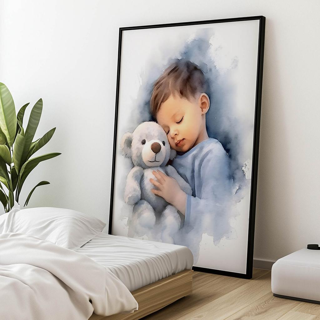 Chłopiec Z Misiem Przytulasem Chłopiec Z Misiem Przytulasem, 70X100 Cm, Rama Aluminiowa Czarna, Papier Matowy 230 Gsm