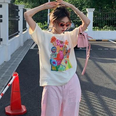 2025 Summer Casual Oversized T Shirt Pure Cotton Short Sleeve T-shirts Women Harajuku Painted Printing White Black Y2k Tops Hip Hop Streetwear