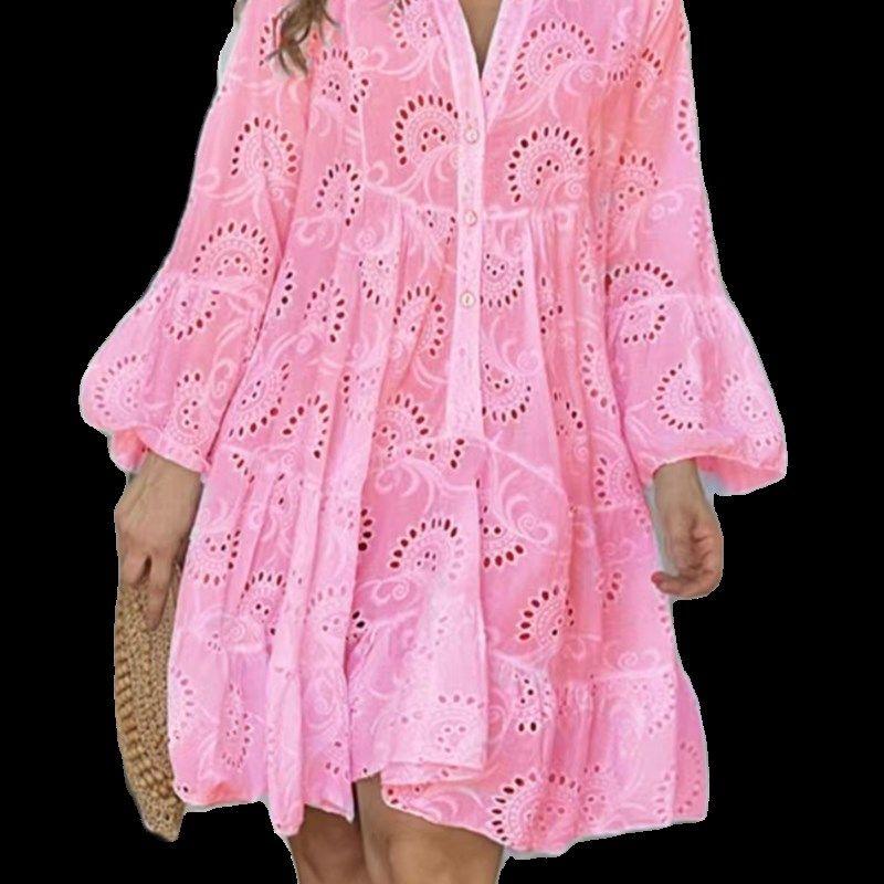 Cross Border Solid V-neck Embroidered Hollow Lace Dress