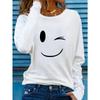 European Size Women's Casual Long Sleeve Crew Neck Graphic Print T-Shirt - Playful Joyful Face Design, Slim Fit,