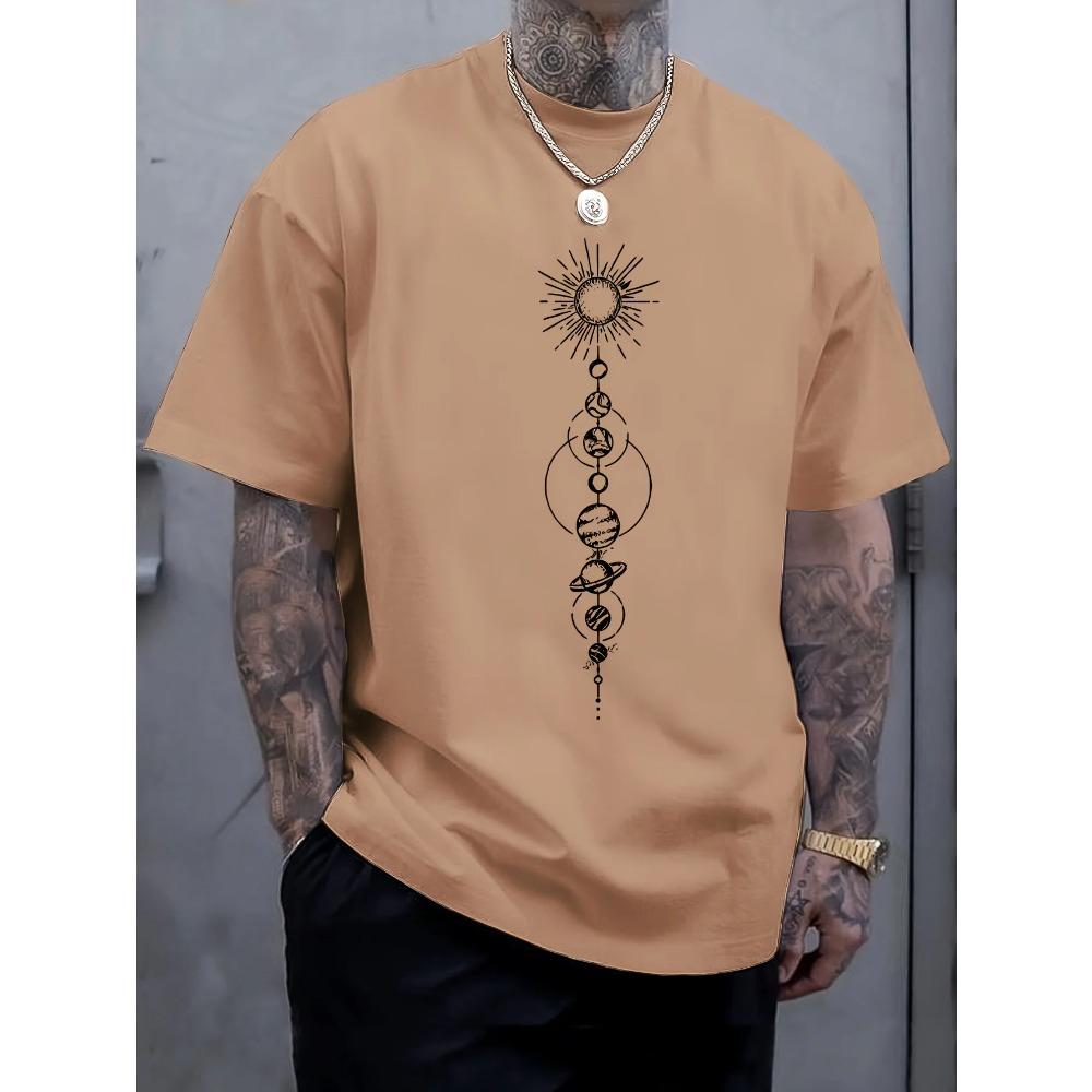 Geometric Pattern Crew Neck Short Sleeve Tee - Soft Slight Stretch  Fabric, Versatile Casual Top for Adult Men, Machine Washable