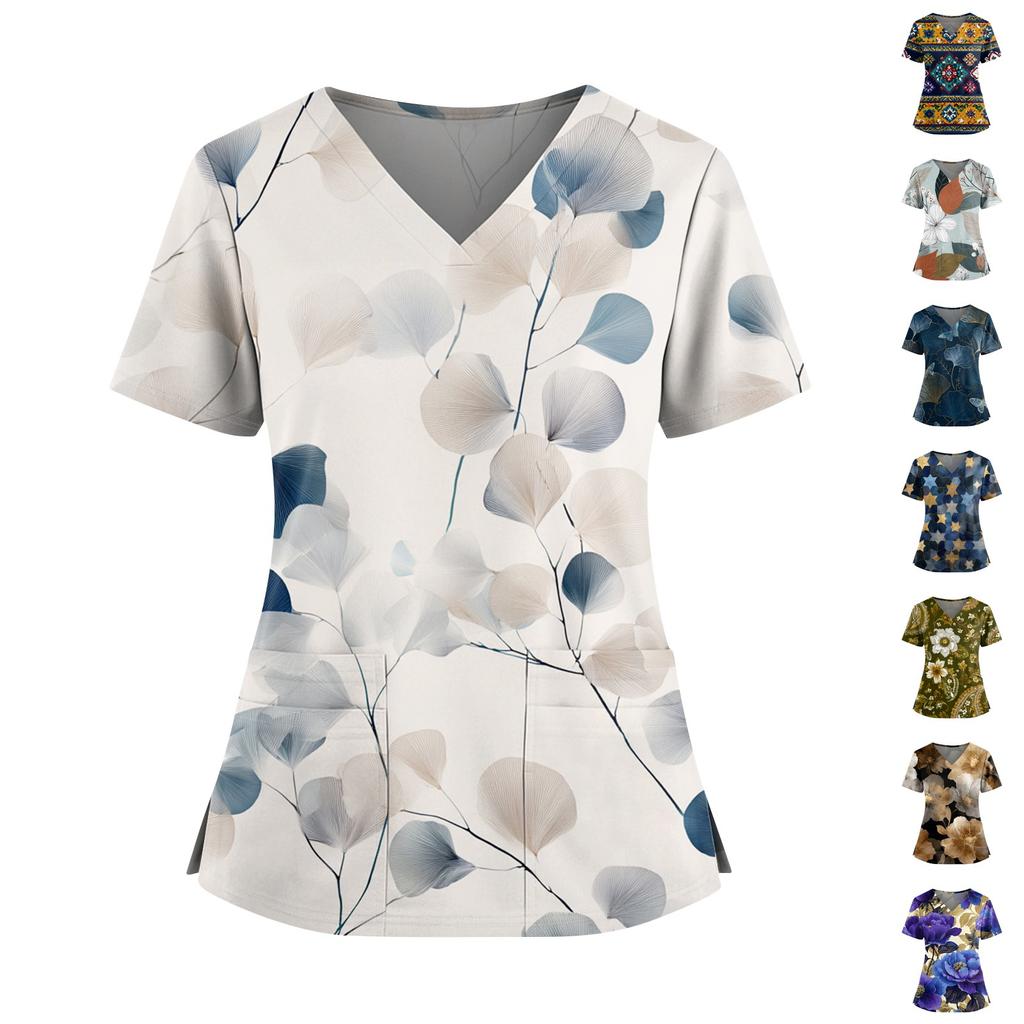 Ladies' Fashionable Floral Print V-neck Double Pocket Short Sleeved Shirt With Slit Hem And Protective Worker's Top