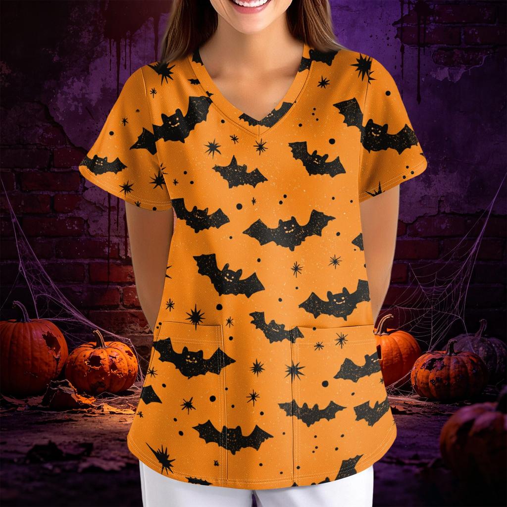 Women's Halloween Print Loose Fit V Neck Short Sleeve Scrub Top with Pockets Medical Uniform Workwear for Healthcare Professionals