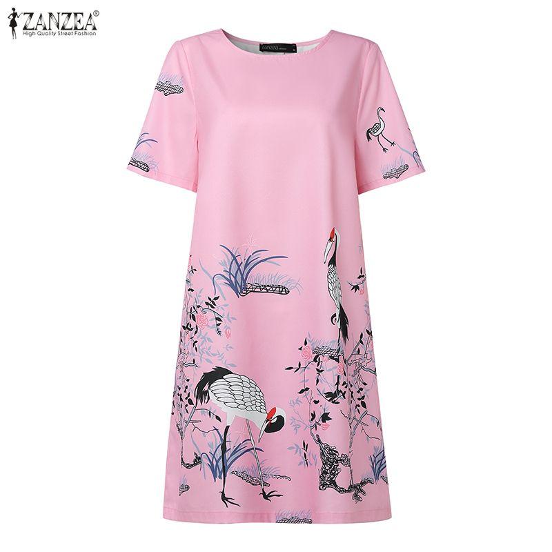 ZANZEA Women Casual Round Neck Summer Short Sleeve Print Dress