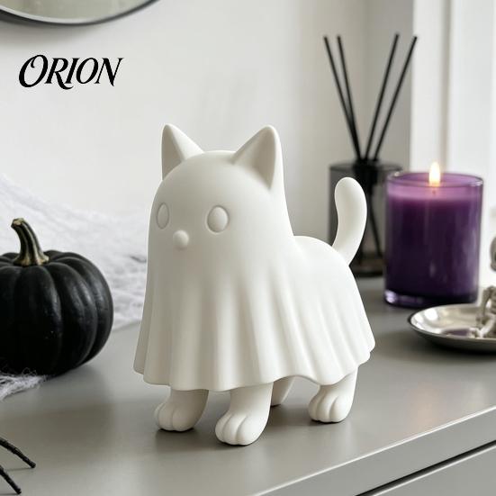 Personalized Festive Gift Ghost Cat Figurine, 3D Printed Cute Cloak Kitty Sculpture, Minimalist Halloween DIY Hand Painted Decor Tabletop Decor, Blank