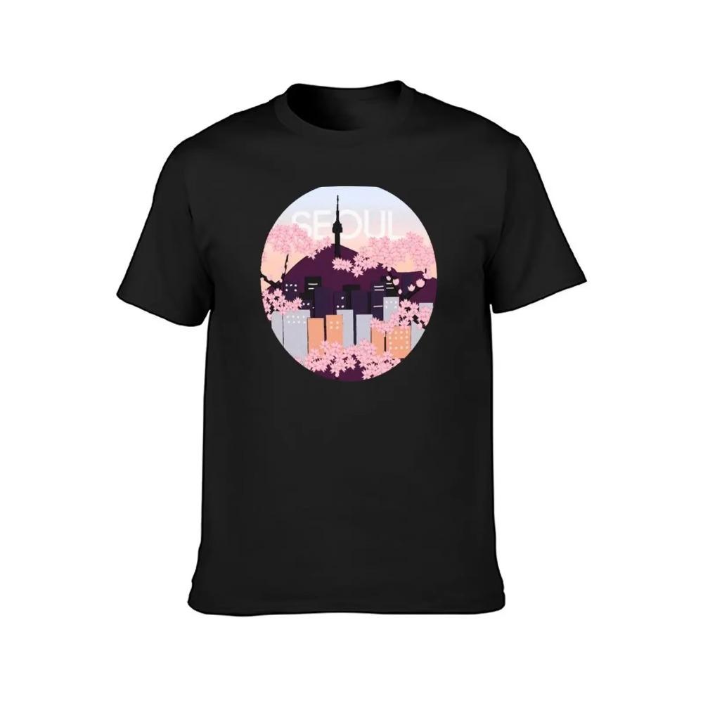 Seoul Tower With Woodblock Style Cherry Blossoms South Korea T-Shirt Summer Clothes Tops Men Workout Shirt