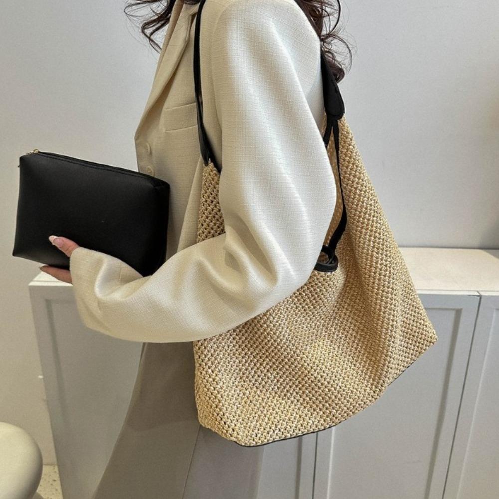 PU Leather Beach Hobo Bag Bohemian Style Shoulder Bag Cute Weave Straw Bag  Holiday