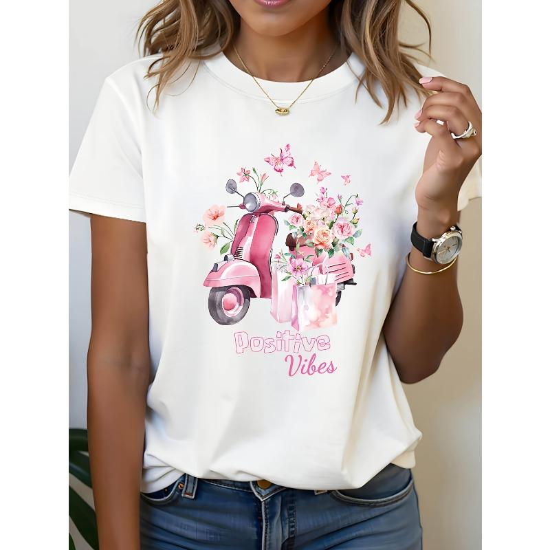 

Plus Size, Motorcycle Flowers Graphic Print Plus Size Women s T-shirt, Short Sleeve Crew Neck Casual Top for Summer & Spring, Women s Clothing S белый