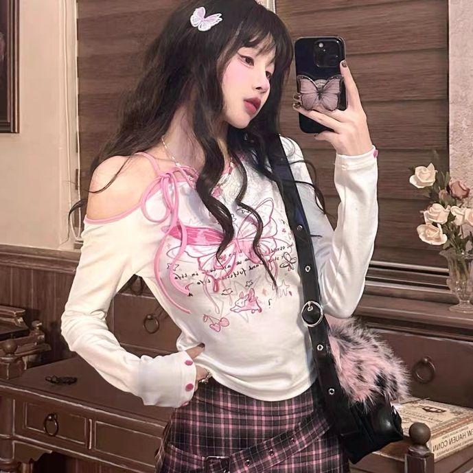 

Повседневные топы Y2K для девочек, футболки с принтом и бандажом, женские сексуальные футболки, белые, розовые, для вечеринок, женские футболки с длинным рукавом M