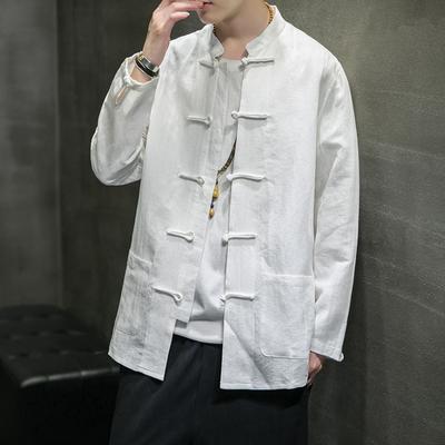 Chinese Spring Autumn Men's Models Plus Size Retro Loose Tea Costume Zhongshan Suit Blouse Solid Colour Buttons Paragraph Tang Suit Shirt