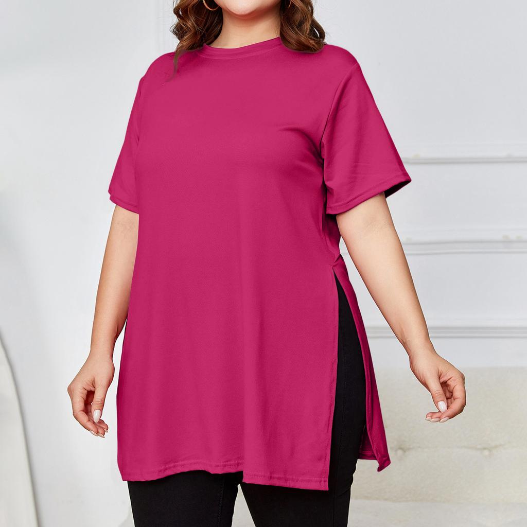 Women's Plus Size Slit Long T,shirt Round Neck Casual Loose Short Sleeved Top