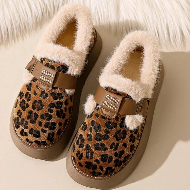 

Модные женские туфли на платформе с леопардовым принтом 2024 года, теплые плюшевые зимние ботинки на плоской подошве, женские повседневные хлопковые ботинки для женщин 35