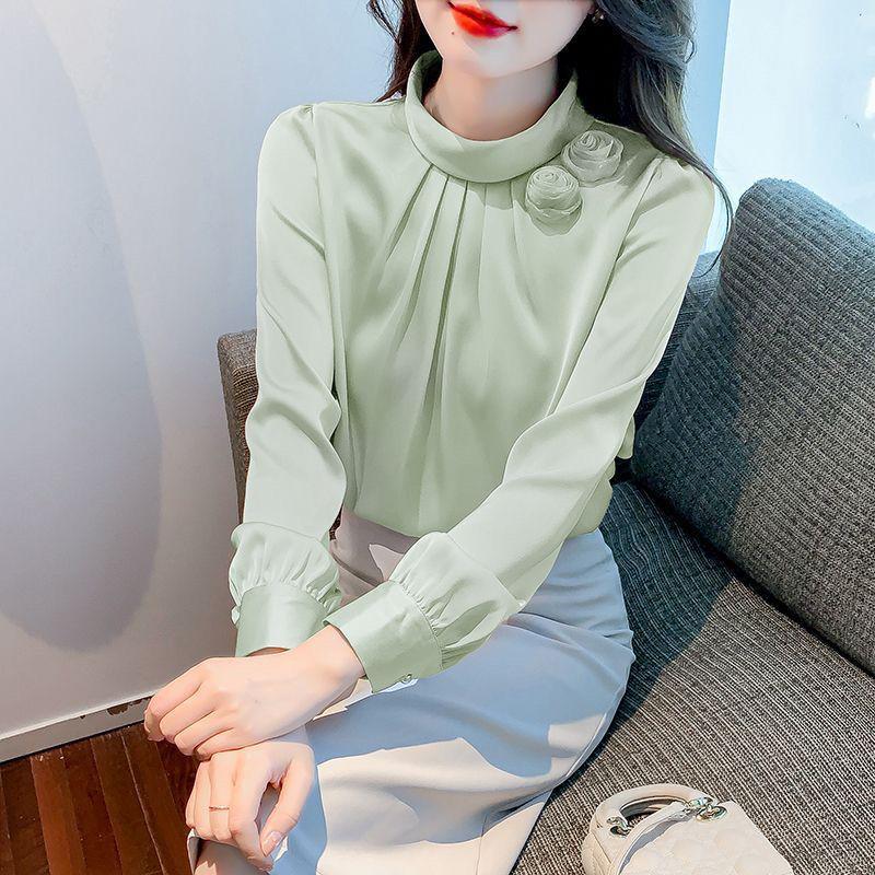 Women's Slim Fit Satin Stand Collar Shirt - Spring/Autumn Casual Long Sleeve Solid Color.
