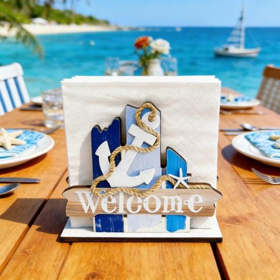 Wooden Paper Towel Holder, Universal Size Solid Wood Paper Towel Stand with Ocean Style Tropical Fish Sailboat Patterns for Kitchen Dining Table Decor