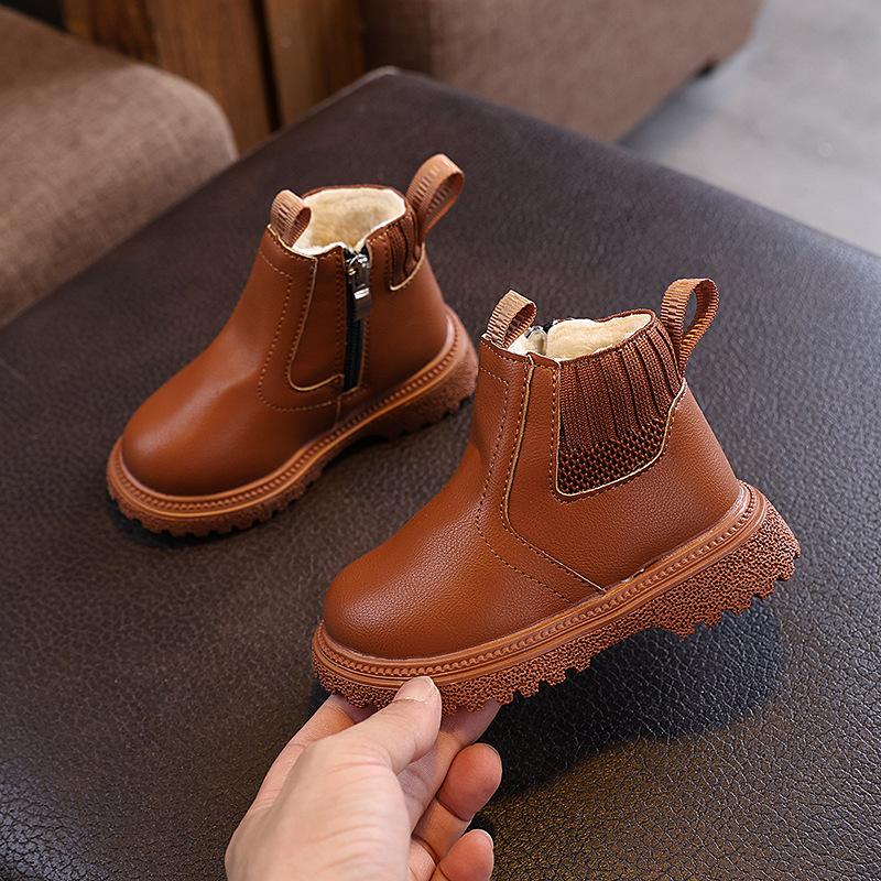 Dziecięce Buty Polarowe, Skórzane Buty, Dziecięce Buty do Połowy Łydki, Ciepłe Buty dla Chłopców i Dziewcząt