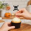 Cake Decoration for Halloween 8 Pcs Glitter Cupcake Picks, Spooky Black Skull Cream Safe Topper Toppers, Gothic Birthday Party Supplies