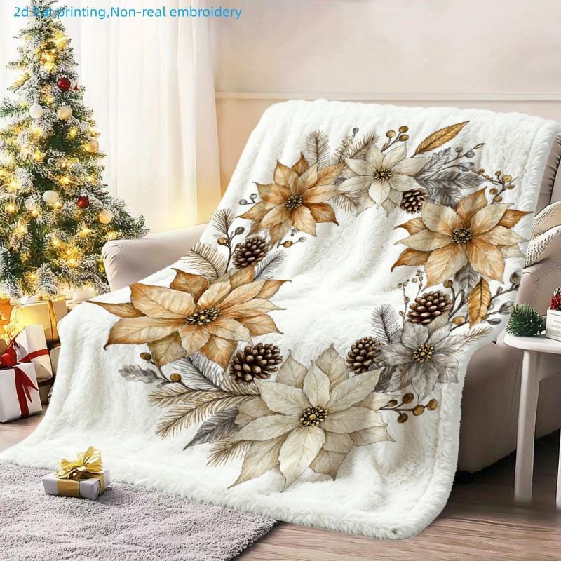 1pc Winter Floral Print Blanket, Christmas Theme, Multiple Sizes Available, Suitable for Living Room, Bedroom, Study, Office, Balcony