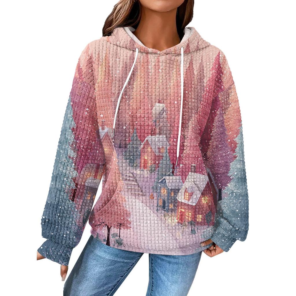 Dammode Lös Pullover med Huva Långärmad Rutig Sweatshirt med Dragsko, Nedhasad Axel, Ficka, Jultryck Topp