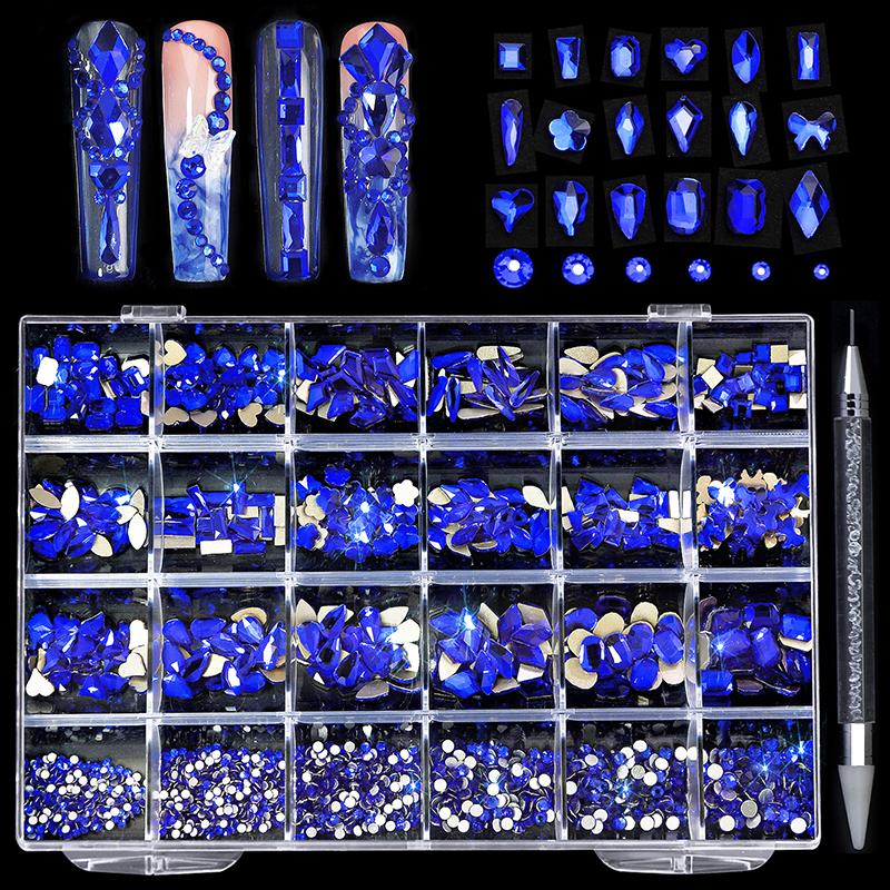 21/24 Grid Luxury Rhinestone Nail Art Jewelry Set Glass Nail Crystals Box Cristales Original 3D Flat Glass Shaped Nail Gems
