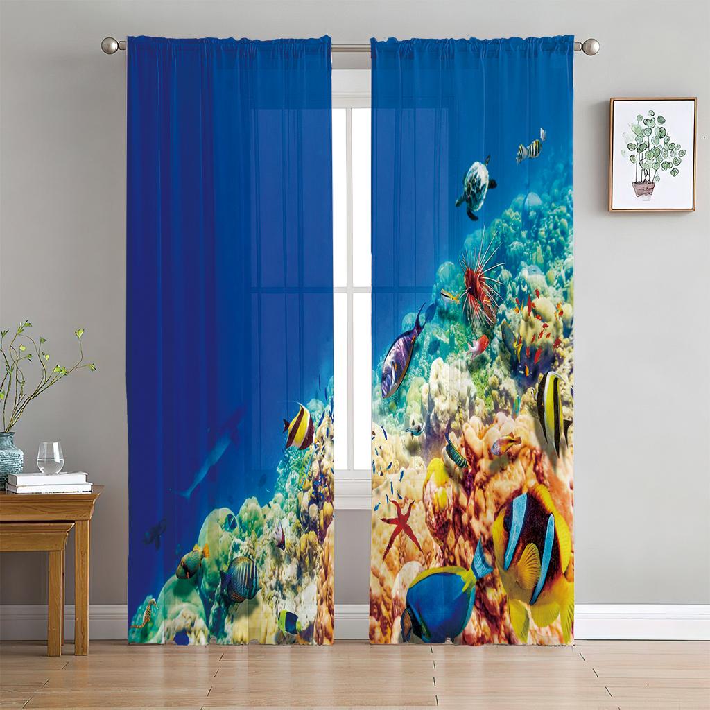 

2-панельная штора с синим морем, морское существо, дельфин, черепаха, штора для спальни, гостиной, кухни, окна, тюль, прозрачная вуаль, шторы 2x60Wx50H(CM)&Grommet Top